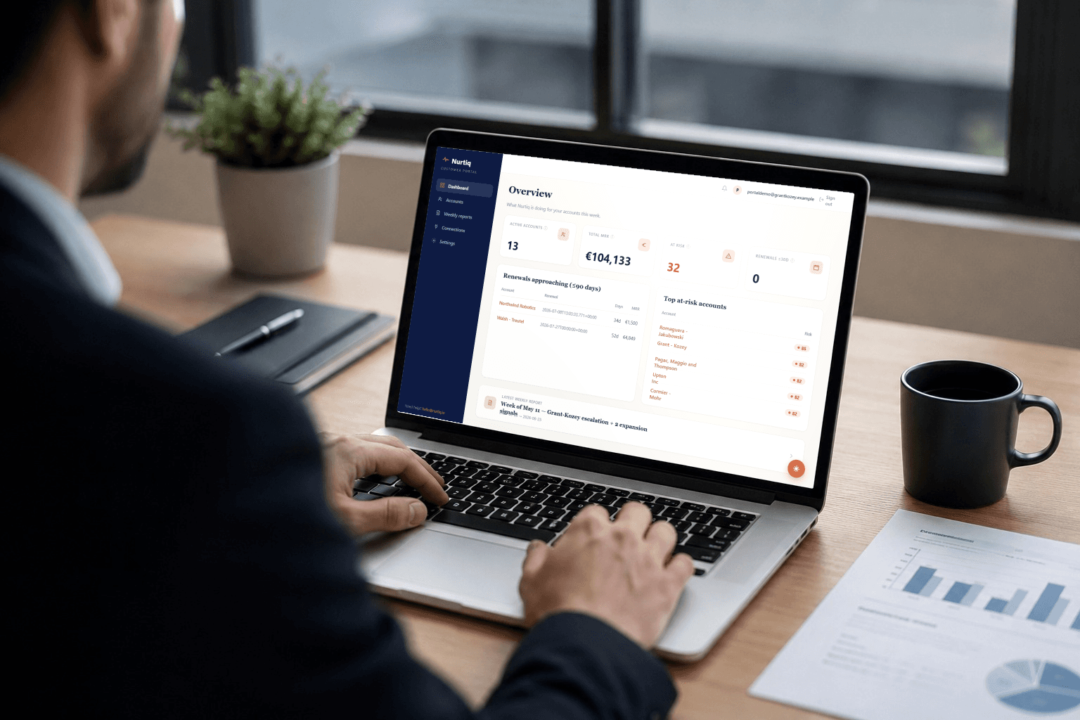 Account manager reviewing the Nurtiq dashboard on a laptop